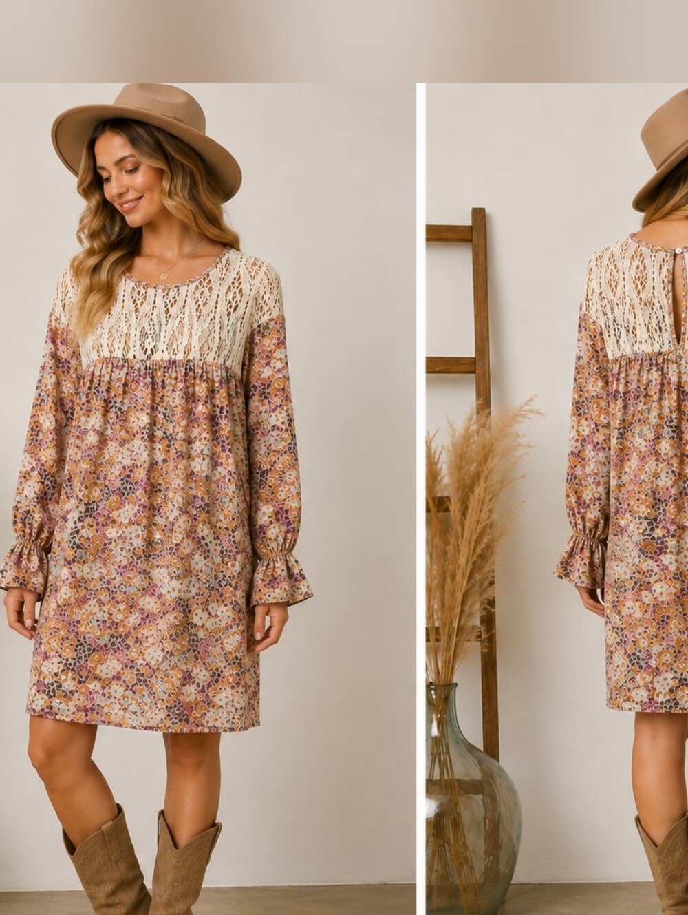 Entro Boho Floral Lace Yoke Long Sleeve Dress Size L NWT A-263